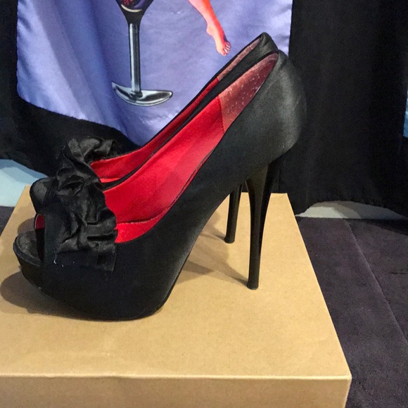 Black Satin Heels - Red Insole, Size 6 - Picture 3 of 4